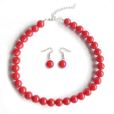 Imagem de QBCL Conjunto de brincos de gargantilha de colar de contas colorido acrílico grande joia de festa de verão para mulheres (vermelho)