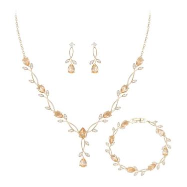 Imagem de Crysdue Conjunto de joias de casamento para noivas damas de honra, zircônias cúbicas deslumbrantes lágrimas marquise folha de marquise colar pingente de pingente de pulseira de tênis nupcial brincos