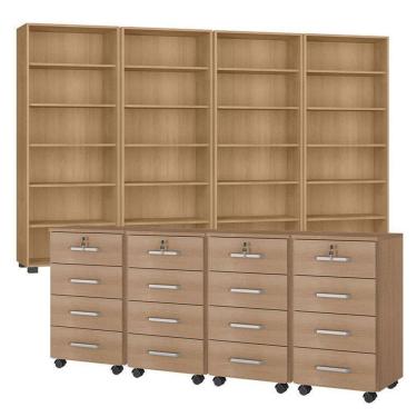 Imagem de Kit 4 Gaveteiros Para Escritório Gávea Com Chave E 4 Livreiros Office Freijó Fosco – Móveis Leão