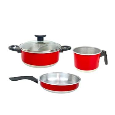 Imagem de Conjunto de Panelas 3 Peças com Frigideira, Fervedor/Leiteira e Caçarola com Tampa de Vidro e Cabo em Baquelite