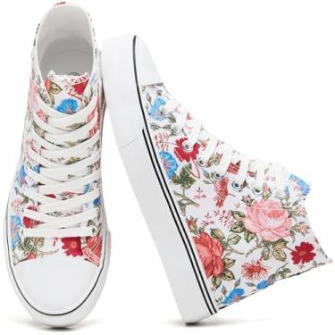 Imagem de yageyan Tênis feminino de lona de cano alto moderno com cadarço branco para mulheres, casual, clássico, Vermelho, 36