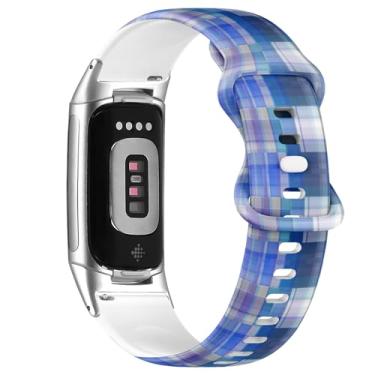 Imagem de Pulseira de silicone macio compatível com Fitbit Charge 5/Fitbit Charge 6 (xadrez azul 2) pulseira esportiva macia para mulheres e homens