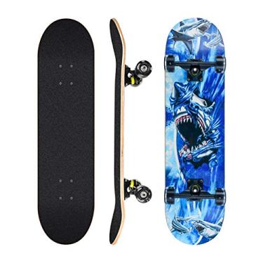 Imagem de Skates para iniciantes, skate completo de 78,7 x 20,32 cm para crianças, adolescentes e adultos, 8 camadas Maple Double Kick Deck Concave Cruiser Trick Skateboard com skate multifuncional (tubarão)