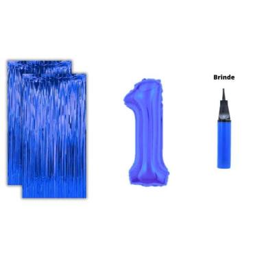 Imagem de Kit 2 Cortinas Metalizadas e Balão Número +Inflador Ar- Azul - Partiuf