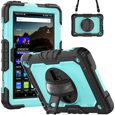 Imagem de QYiiD Capa para Fire HD 8 Plus com protetor de tela, capa à prova de choque com alça de mão giratória 360, cinto de ombro para Fire HD 8 e Fire HD 8 Plus (12ª/10ª geração, 2022/2020), preto/LigBlue