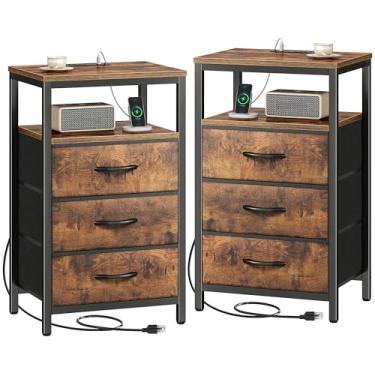Imagem de Huuger Conjunto de 2 mesas-de-cabeceira, mesas de canto com estação de carregamento, gavetas de tecido, mesas de cabeceira com porta USB e tomada, suportes de cabeceira para quarto, marrom rústico