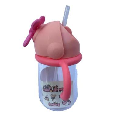 Imagem de Garrafa Infantil Rosa 500ml Transparente com Alças + Canudo e Adesivos Decorativos Divertidos