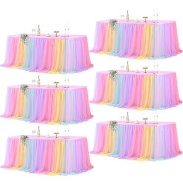Imagem de Wish Care Pacote com 6 toalhas de mesa de tule arco-íris para mesas retangulares de 1,8 m, saia tutu de tule de camada dupla, unicórnio, babados, pastel, toalhas de mesa elásticas para meninas
