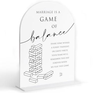 Imagem de Placa de casamento de livro de visitas Jenga, placa acrílica de arco branco, recepção de casamento de livro de visitas, decoração de chá de panela, decoração de festa de noivado, decoração de mesa de