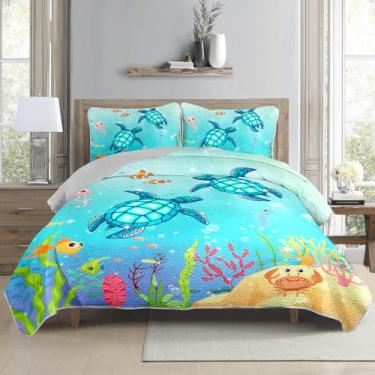 Imagem de Conjunto de cama casal com colcha de tartaruga costeira, 3 peças, oceano aquarela, tartaruga, mar, réptil, colcha com 2 fronhas para decoração de quarto de crianças em todas as estações
