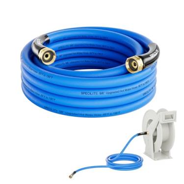 Imagem de SPECILITE Mangueira de água de jardim quente / fria fêmea para fêmea 4,6 m x 5/8 polegadas para carretel de mangueira, -50 ° C a 87,8 °C, resistente, flexível, explosão de 605 psi, tubo de extensão de