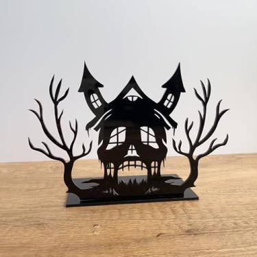 Imagem de Castiçal de casa assombrada de Halloween com chapéu de bruxa, acrílico, 15 x 14 cm (casa assombrada)
