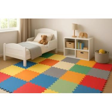Imagem de Kit 10 Tatames Tapetes EVA 50x50x1cm 10mm Linha Premium Acompanha Bordas de Acabamento Infantil Criança Bebê Colorido