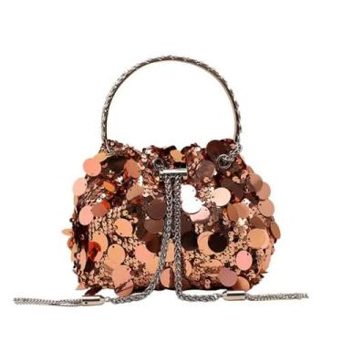 Imagem de Bolsa de ombro de corrente de lantejoulas para presente com alça redonda borla bolsa transversal mini balde brilhante bolsas femininas, Ouro rosa