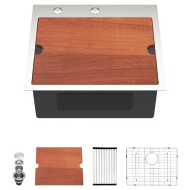 Imagem de Dcolora Pia de cozinha embutida 50 x 45 x 23 cm, estação de trabalho com acessórios, aço inoxidável 304 escovado, torneira 16 resistente, tigela única média perfeita para cozinha pequena #DC-TW258002