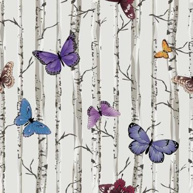 Imagem de VEELIKE Papel de parede vintage borboletas floresta de bétula descasque e cole papel de contato com tronco de árvore boho para armários de parede 40 x 900 cm, papel de parede de bétula removível