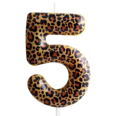Imagem de Velas de aniversário com estampa de leopardo número 5, velas com números de aniversário com estampa de leopardo realista, bolo de vela temática de animais selvagens Onez para meninos e meninas,
