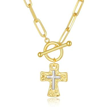 Imagem de KALOAURA Colar de cruz grossa de ouro e prata para mulheres, 14 K com fecho delicado e clipe de papel, joia religiosa, presente para fé cristã, batismo, Latão, Sem Pedra Preciosa