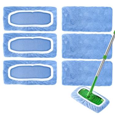 Imagem de Pacote com 6 almofadas de esfregão de microfibra reutilizáveis compatíveis com vassoura Swiffer, panos laváveis e secos e panos de esfregão úmidos, refil de almofadas úmidas para limpeza de piso