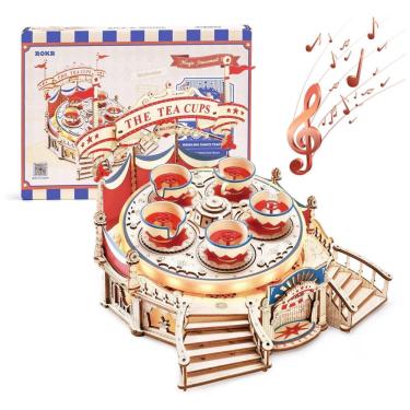 Imagem de Quebra Cabeças 3D em Madeira para Adultos, Tema Caixa de Música Xícaras de Chá Giratórias com 280 Peças, ROKR RL-EA04, Marrom e Vermelho