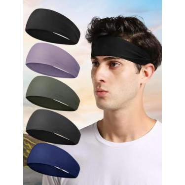 Imagem de Bandanas esportivas masculinas (pacote com 5), faixas de transpiração com absorção de umidade para corrida, ciclismo, futebol, basquete, ioga, faixa de cabelo para mulheres e homens (preto, roxo