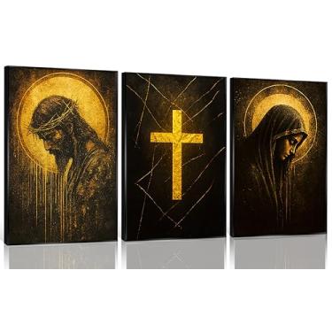 Imagem de 3 peças de arte de parede em tela de Jesus preto Jesus coroa de espinhos impressão de pôster cristão moderno virgem maria cruz dourada decoração de parede para sala de oração igreja sala de estar