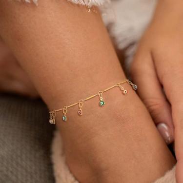 Imagem de Tornozeleira feminina com pingente de olho turco, banhado a ouro 14K, feito à mão, corrente hipoalergênica no tornozelo, Medium, Latão, Sem Pedra Preciosa