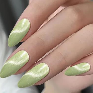 Imagem de Conjunto de unhas postiças em forma de amêndoa com efeito olho de gato com cola, comprimento médio, glitter (verde fluorescente, F)