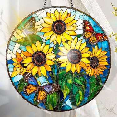 Imagem de Suncatcher acrílico colorido, decoração de janela suspensa de girassol com design de vitral impresso, apanhador de sol, arte de parede de arco-íris, ideia de presente e ornamento de jardim, uso