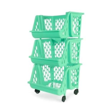 Imagem de Cesto Organizador Multiuso com Rodinhas 2 3 ou 4 Andares – Empilhável e Durável para Cozinha Banheiro e Lavanderia(Triplo Verde)
