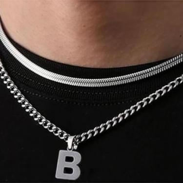 Imagem de Coleção de 26 colares com pingente de alfabeto em camadas, design de corrente dupla (cobra e elos cubanos), joias urbanas hip hop para uso diário e casual, One Size, Aço inoxidável, Sem Pedra Preciosa