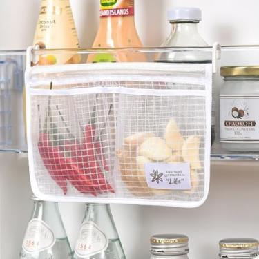 Imagem de Organizador de porta lateral de geladeira, recipiente de armazenamento de malha com 2 bolsos para condimentos e itens pequenos, caixa de geladeira azul suspensa com ganchos reforçados (branco)