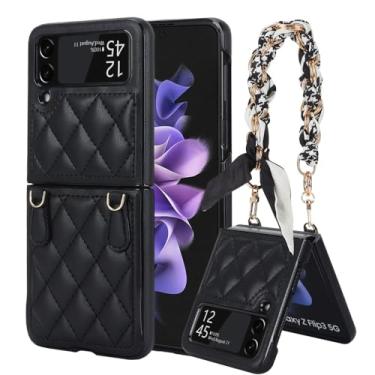 Imagem de Pulseira capa de couro para samsung galaxy z flip 4 3 5g flip4 flip3 lenço de seda corda alça de pulso capa fosca, preta, para samsung z flip 4