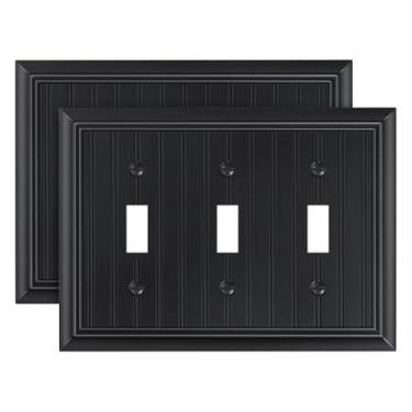 Imagem de Pacote com 2 placas clássicas para interruptores de luz triplos, placas decorativas de fibra de bambu natural durável, preto fosco, placa de parede de 3 grupos