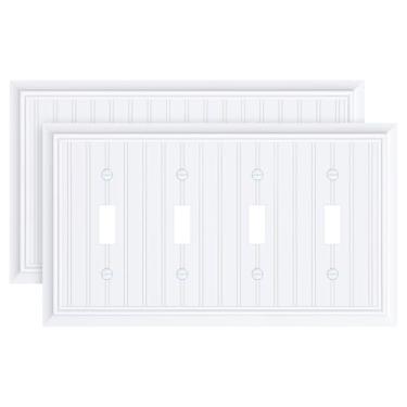 Imagem de Pacote com 2 placas clássicas para interruptores de luz quádrupla, placa decorativa branca pura, placa de parede de fibra de bambu natural de 4 grupos para interruptor de luz e interruptor rotativo