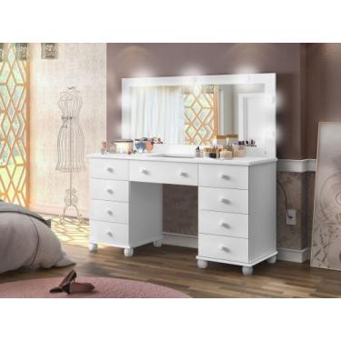 Imagem de Penteadeira Camarim 9 Gavetas E Colmeia Branco Com Espelho E Led Puxad