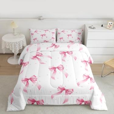 Imagem de Feelyou Conjunto de edredom com laço rosa para meninas, tamanho casal, fofo, com laço kawaii, para decoração de quarto, 3 peças com 2 fronhas