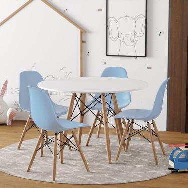 Imagem de Conjunto De Mesa Madeira Infantil 68Cm Redondo Branco 4 Cadeiras Azul