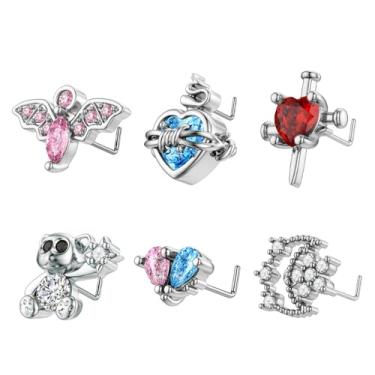 Imagem de Niaspi 6 peças de anel de nariz em forma de L 20G aço inoxidável CZ cristal morcego coração urso lua flor nariz em forma de L sem piercing joia para mulheres e homens