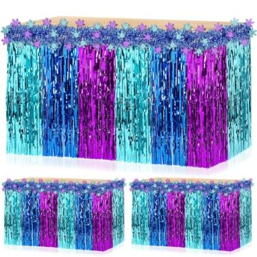 Imagem de DTOFOOT 4 peças de decorações de festa de aniversário congeladas, saias de mesa com franjas de floco de neve de inverno e guirlanda de tinsel para decoração de mesa do país das maravilhas de inverno