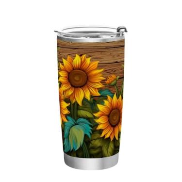 Imagem de Blueangle Copo de 590 ml com tampa e canudo, copo térmico de aço inoxidável isolado a vácuo, girassóis em placa de madeira, caneca térmica para bebidas quentes e frias (125)