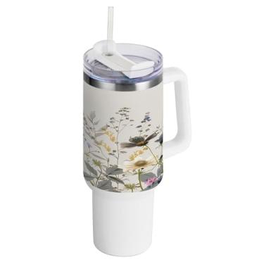 Imagem de xigua Copo vintage de flores silvestres de 1,134 g com alça e canudo, aço inoxidável duplo isolado a vácuo garrafa de água suporte de copo de garrafa de água amigável à prova de vazamento copo de