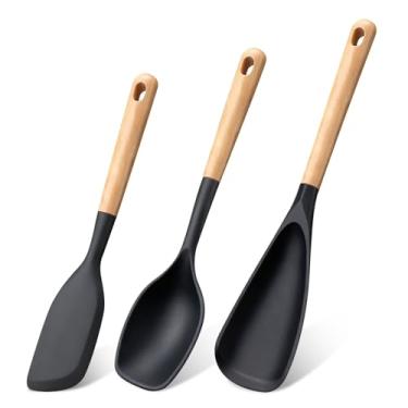 Imagem de Svailse Conjunto de colheres de cozinha multifuncionais, 3 peças, espátula e raspador de silicone resistente ao calor, espátula de cabo de madeira para misturar, colher e raspar (estilo 1)