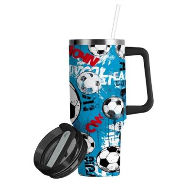 Imagem de ATTX Copo de futebol azul de 850 g com alça, copo de aço inoxidável a vácuo de parede dupla com palha, caneca de café de viagem isolada #45