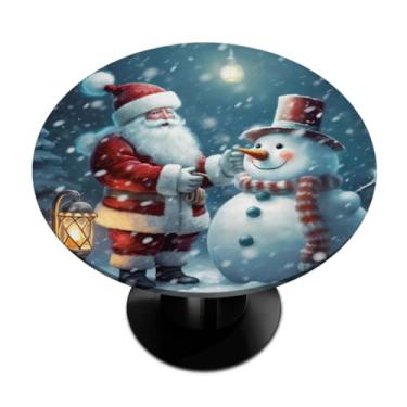 Imagem de Toalha de mesa redonda com borda elástica Papai Noel linda toalha de mesa redonda ajustável para ambientes internos e externos, pátio, jantar, cozinha, festival, decoração para mesas de 101 a 111 cm