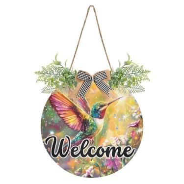 Imagem de SEHANY Placa de boas-vindas colorida, beija-flor, decoração de porta da frente, guirlanda de boas-vindas redonda para decoração de casa de fazenda, varanda, pátio, 30 x 30 cm