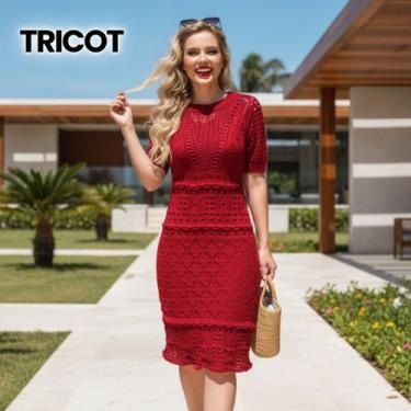 Imagem de Vestido Midi Tricot Vazado Manga Curta Cor:VermelhoTamanho:U - Vitrine