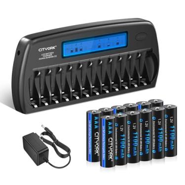 Imagem de Carregador de bateria de 12 baias com baterias recarregáveis AAA, carregador de bateria de 12 baias para baterias AA AAA Ni-MH/Ni-CD com função de descarga com 12 Pack baterias recarregáveis