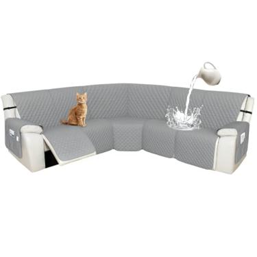 Imagem de Arfntevss Capas para sofá reclináveis 1OO% à prova d'água, em forma de L, capa de sofá reclinável em forma de L, protetor de canto lavável para cães (5 lugares com 2 consolas, cinza prateado)
