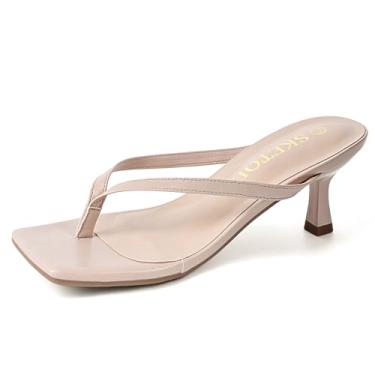 Imagem de SKETOE Sandálias femininas de salto gatinho com bico quadrado, chinelos de dedo quadrado, sandálias de salto confortável de verão de 5 cm, Nude., 9 Wide